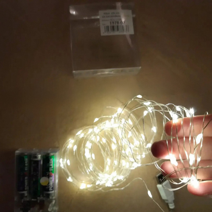 Светодиодная гирлянда на батарейках + USB РОСА 100 LED, 10 м, тепло-белая. Новогодняя гирлянда